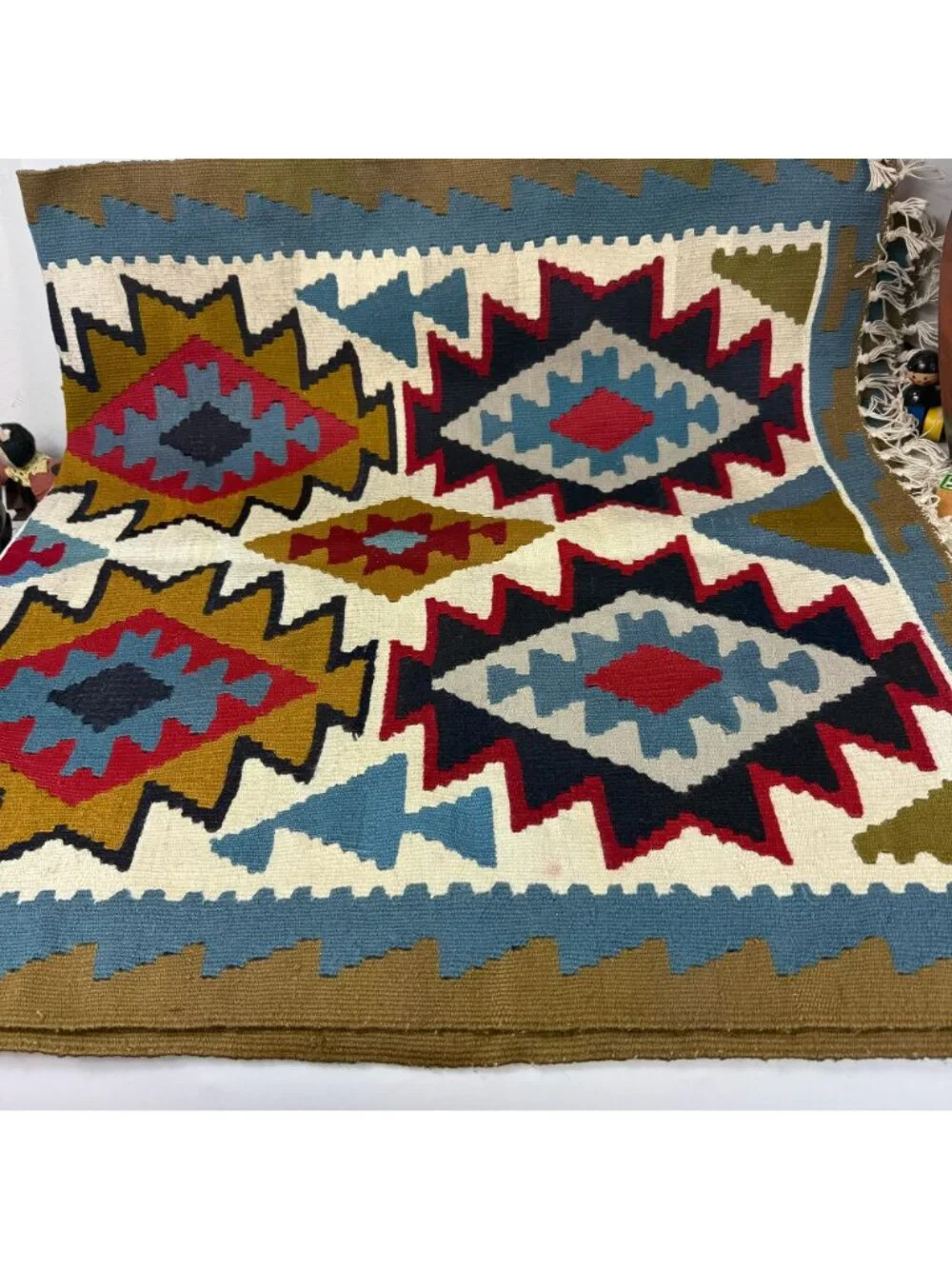 Hard Woven Kilim Area Rug Carpet Tribal Geometric Colorful Green Blue Red